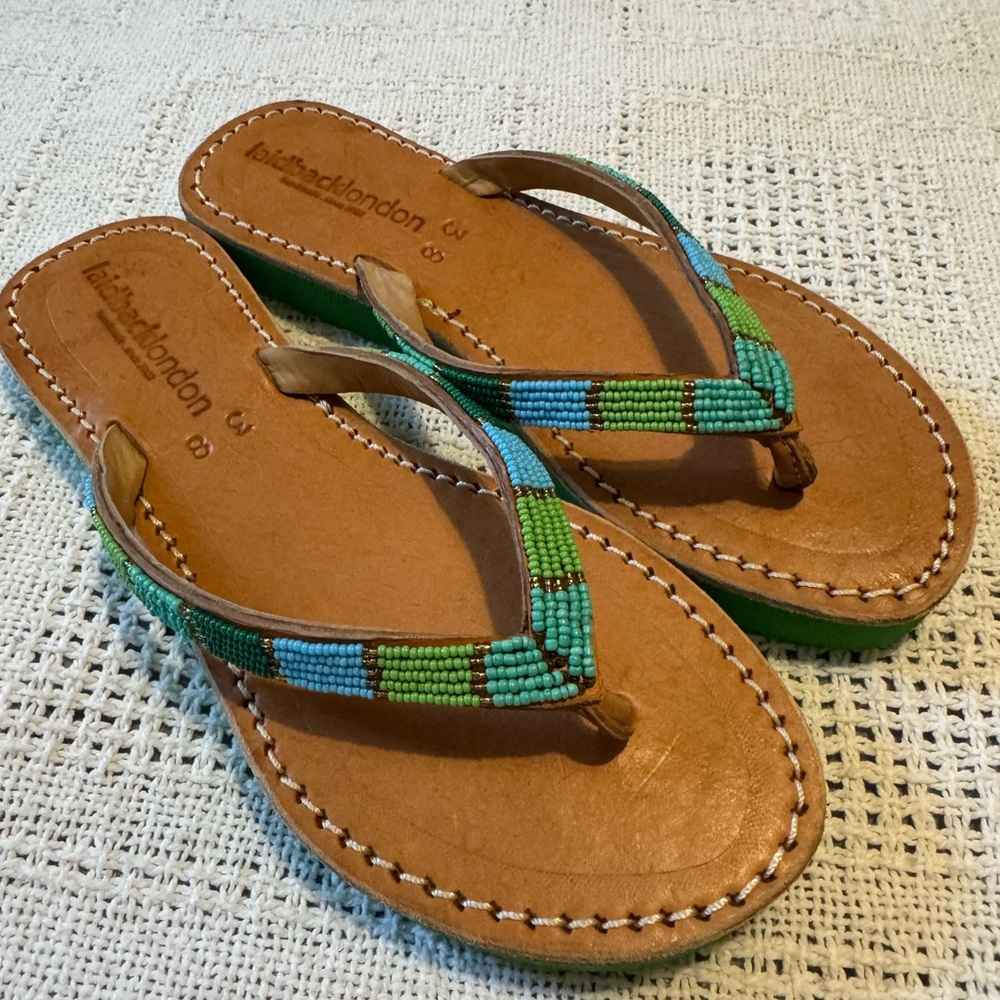 laidback London Green Blue Hand Beaded Leather Sandals Flip-flops Size 38 Thong